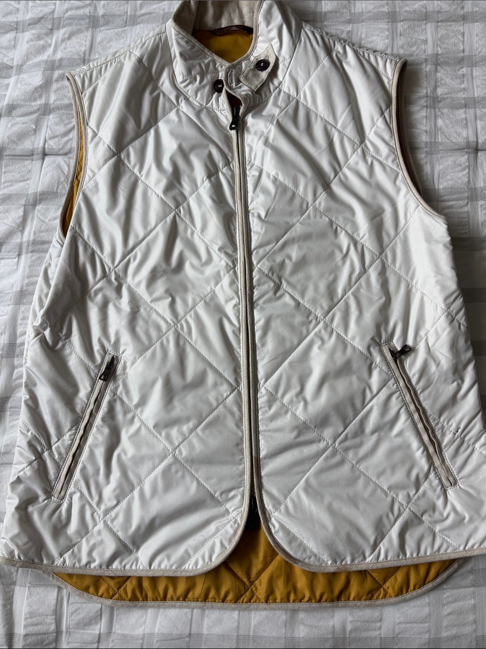 Reversible White Quilted Vest with Mustard Lining